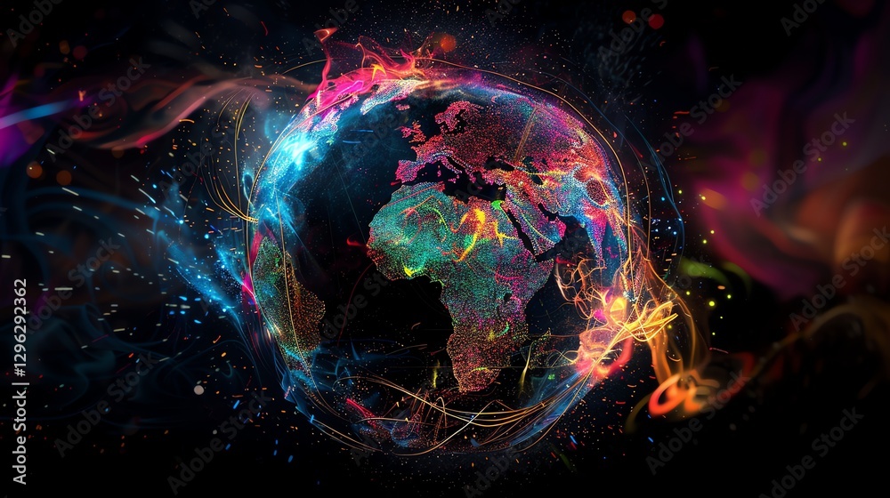 Poster a digital, glowing representation of the earth with a colorful color scheme.