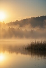 Niebla levant&aacute;ndose de un lago tranquilo al amanecer, luz dorada del sol irrumpiendo, paisaje sereno y m&iacute;stico
