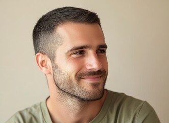 Obraz premium Portrait of a handsome, smiling man looking away, with a light beige background and blurred face. This is the winning stock photo for a text contest, 