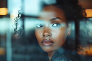 Fototapeta premium Portrait of black business woman at work in office daydreaming shot through glass window