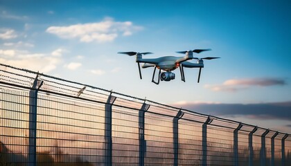 surveillance drone hovering above a security fence utilizing advanced technology for border control migration monitoring and modern security operations