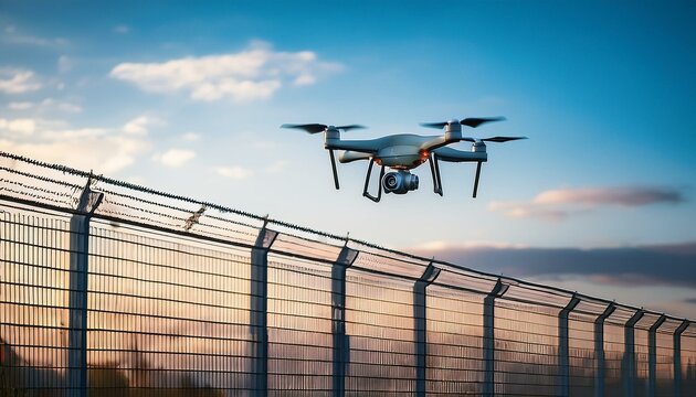surveillance drone hovering above a security fence utilizing advanced technology for border control migration monitoring and modern security operations