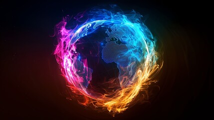 An abstract rendering of a glowing blue and orange globe with flames.