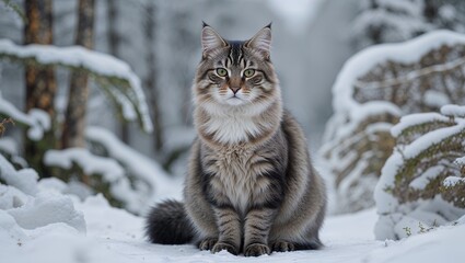 White feline eyes peer from snowy fur, a lynx and domestic cat's winter portrait