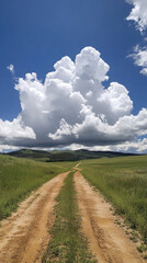 Fototapeta premium Dirt road through grassy field under a cloudy sky