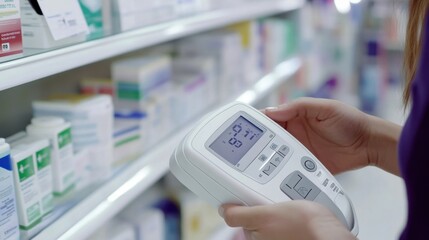 A pharmacist assisting a customer in choosing a home blood pressure monitor. Featuring accessibility and informed choices