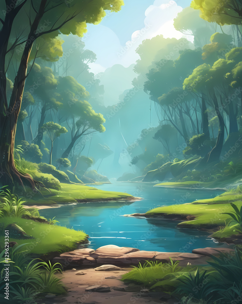 Poster a serene river winding its way through a lush forest, trees and foliage frame the tranquil water and