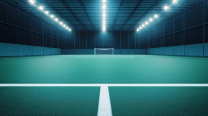 Indoor soccer field with bright lights and green turf surface