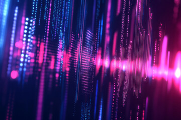A high-tech 3D background featuring an array of glowing, floating soundwave patterns stretching infinitely. The neon pulses synchronize with an invisible beat, creating a mesmerizing abstract