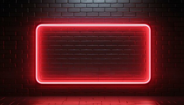 3d render abstract neon frame glowing with red light on dark brick background