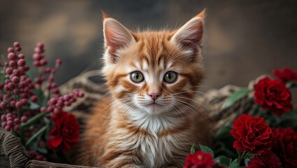 A fluffy white kitten with adorable eyes explores nature, a domestic feline portrait amidst garden grass