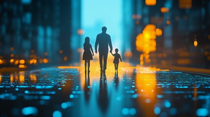 A father and two children walk hand in hand through a futuristic, illuminated cityscape, conveying themes of family, technology, and exploration.