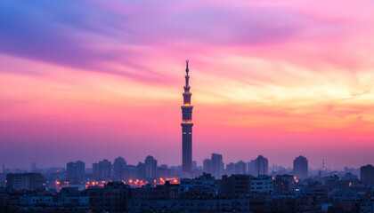 Obraz premium Majestic skyline at sunset with tall minaret and city lights