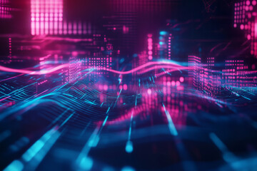 A futuristic 3D abstract background where floating, glowing audio waveforms travel through a cybernetic void. The neon-lit frequencies pulse in harmony, creating an immersive, high-tech visualization