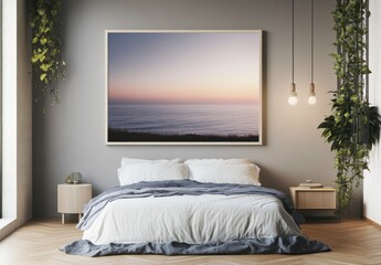 Serene Bedroom with Ocean View Artwork and Modern Minimalist Decor