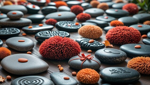 Zen spa stones and a vibrant red flower embody natural wellness