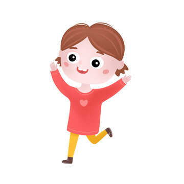 Happy little girl. Cute cheerful kid child girl celebrating with hands up. Flat graphic illustration isolated on white background