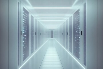 A photo showcasing a straight line of servers in a busy data center with blinking lights and...