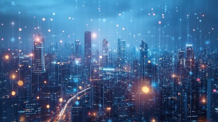 Fototapeta premium A vibrant, modern cityscape, where sleek skyscrapers and futuristic buildings connect through a network of shimmering pathways, symbolizing the seamless flow of business communication.