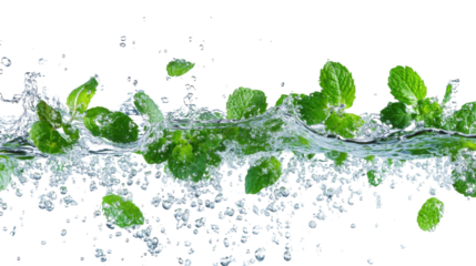 fresh mint leaves in splashing water isolated on transparent background