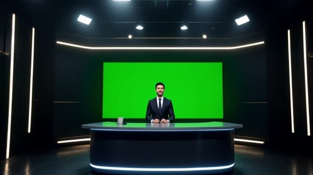 Professional News Anchor in a Modern Studio with Green Screen.