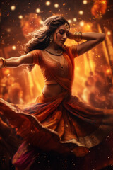 A young Indian woman in a traditional sari dances against a bright festive background