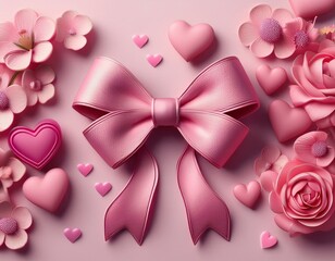 3d pink bows hearts and flowers on a pastel background detailed hyper realistic