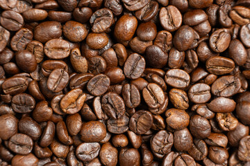 Caffeine-free decaf coffee beans close-up top view