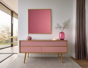 minimalist interior with a pink transparent console table wooden framed blank poster and intricate wall details on white walls showcasing modern design