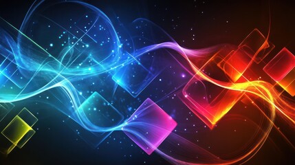 Fototapeta premium Abstract colorful light waves and squares, dark background, digital art, website banner