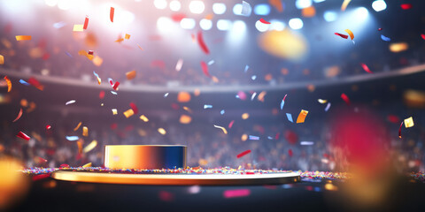 A dynamic sports-themed 3D background featuring a podium surrounded by vibrant stadium lights. The energetic atmosphere, with confetti flying through the air and a blurred cheering crowd, creates a
