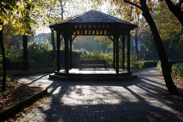 Obraz premium Vichy Park: A Health Resort Walk with Gingham Shadows and Bandstand