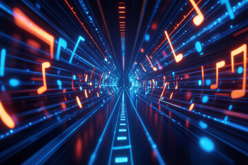 A dynamic 3D abstract background displaying an endless tunnel of levitating, holographic music staffs. The glowing lines pulse in perfect harmony, forming a futuristic visualization of digital sound