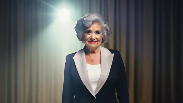 Smiling confident stylish mature middle aged woman standing in modern office. Old senior businesswoman, grey haired lady 60s, business executive, manager looking at camera with arms crossed, portrait