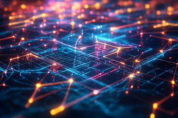 A high-tech 3D abstract background displaying a vast, crystalline network of interconnected, glowing holograms. The intricate patterns and neon lights create a mesmerizing digital landscape.