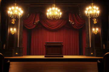 A grand Victorian opera house 3D background featuring an elegant wooden podium on a dimly lit stage. Plush red curtains frame the dramatic scene, while golden chandeliers cast a warm glow over the