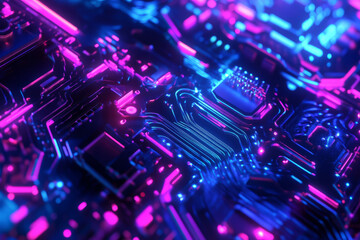 Obraz premium A futuristic 3D abstract background featuring a vast network of glowing digital circuits and fluid metallic surfaces that seamlessly blend into one another. The design is filled with radiant neon blue
