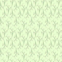 Green summer seamless pattern of silhouettes leaves. Soft green colors. Graceful spring vintage background. Fresh curved branches with leaves.