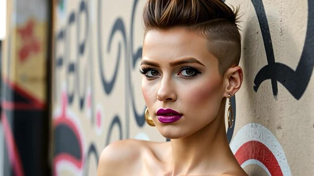 Stylish Short Haircut,  Urban Fashion Photography,  Bold Makeup,  Model Portrait