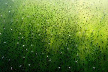 A photo showcasing a wind farm located in the center of a lush green field Hundreds of wind turbines in a field captured from the air .