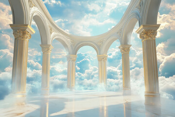 A floating sky palace 3D background room with open archways revealing a breathtaking cloudscape. The ethereal architecture features shimmering golden columns and a soft blue glow, creating a heavenly