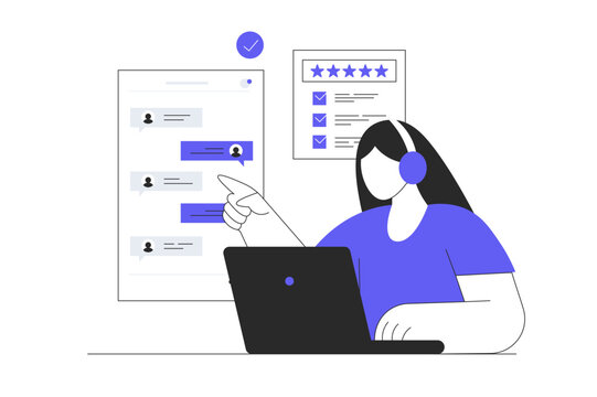 Technical support or customer service. Customer feedback. Client chatting to a call center operator. Flat Cartoon Vector Illustration, icon. Stylish abstract Flat design for website