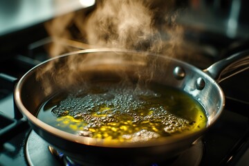 Hot Oil Sizzling in Stainless Steel Pan