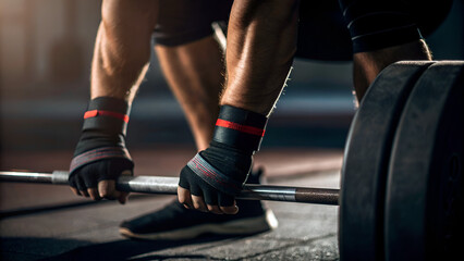 sports injury risk prevention stretching protection Weightlifter preparing to lift a barbell, showcasing strength and determination in a gym setting.