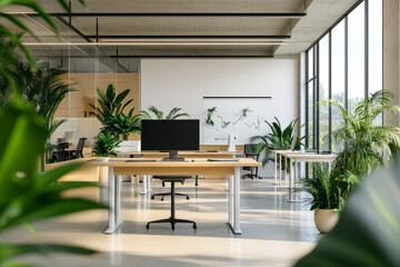 A high-end tech startup office 3D background room with an open-space layout, sleek standing desks, glass partitions, and green indoor plants. The modern design exudes innovation and productivity.