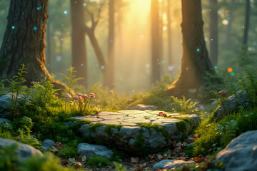 Obraz premium Product presentation stone platform in a magical forest background with soft light for therapy, relaxation, spiritual and health products - AI generated