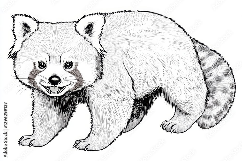 Poster Black and white line drawing illustration of an American red panda walking towards the viewer, smiling with its tail raised up in front of it. The lines should be clean and precise to highlight