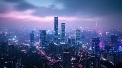 Fototapeta premium A futuristic cityscape, where glowing screens display intricate IT systems, connected through a network of interconnected nodes, representing the ever-expanding digital world.