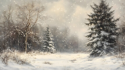 Obraz premium A Tranquil Winter Wonderland: Gentle Snowfall Transforming the Landscape into a Magical, Snow-Covered Paradise