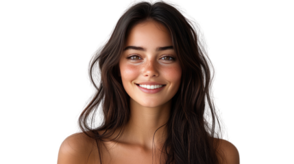 Radiant Smile: A portrait of a beautiful young woman with flowing dark hair and a genuine, joyful smile, embodying confidence and natural beauty.